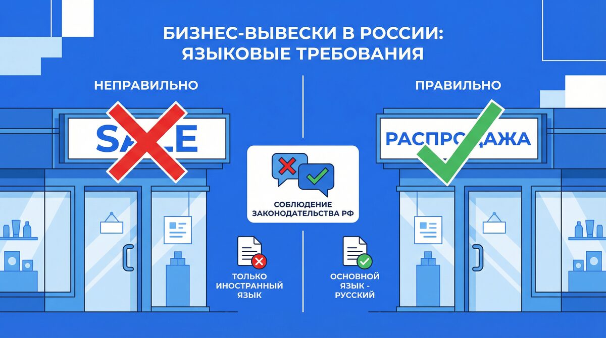 Сравнение вывесок: неправильно (SALE) и правильно (РАСПРОДАЖА)